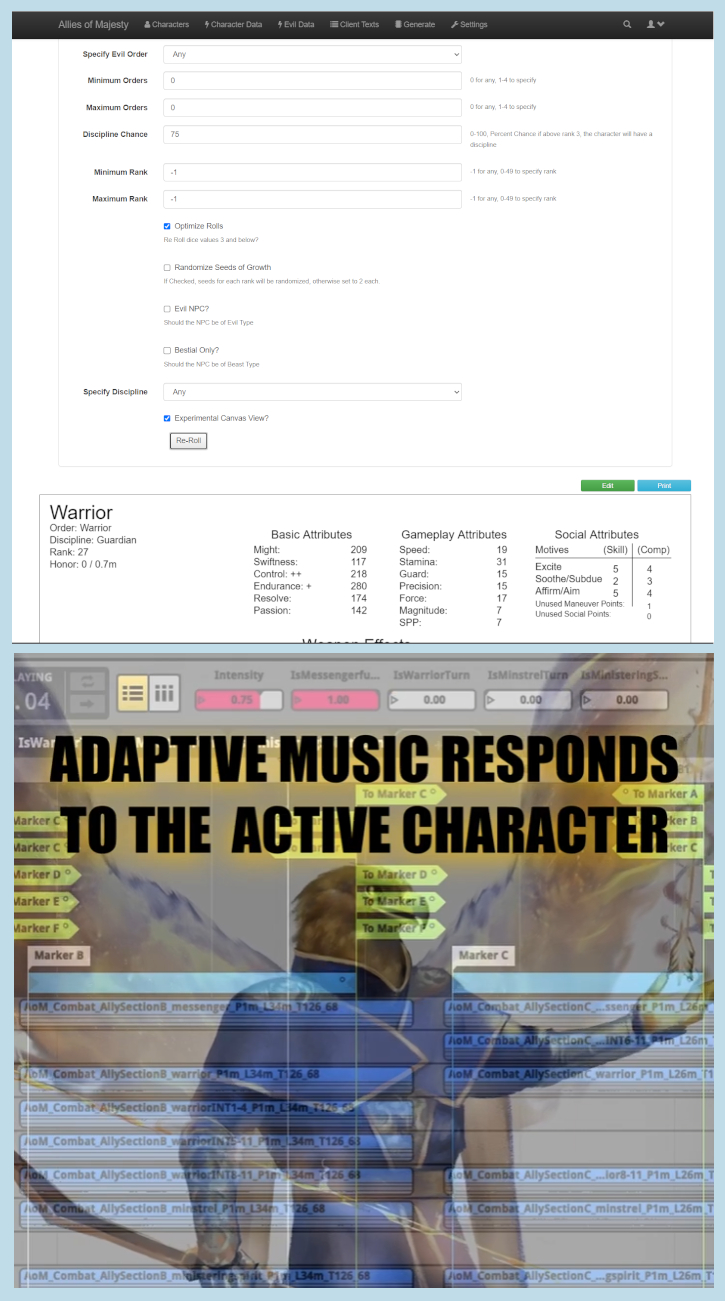 unique rng beasts and enemies, npc, humans, adaptive music in app that responds to what character is active taking their turn