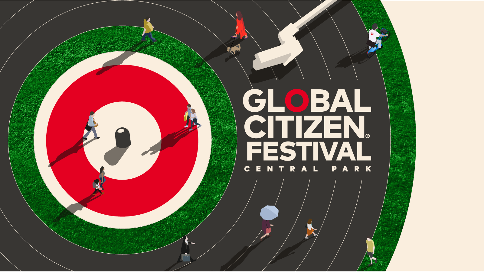 Image 8: Poster of the Global Citizen Festival featuring its logo on a circle that resembles a shooting dart board. The text underneath the logo reads 