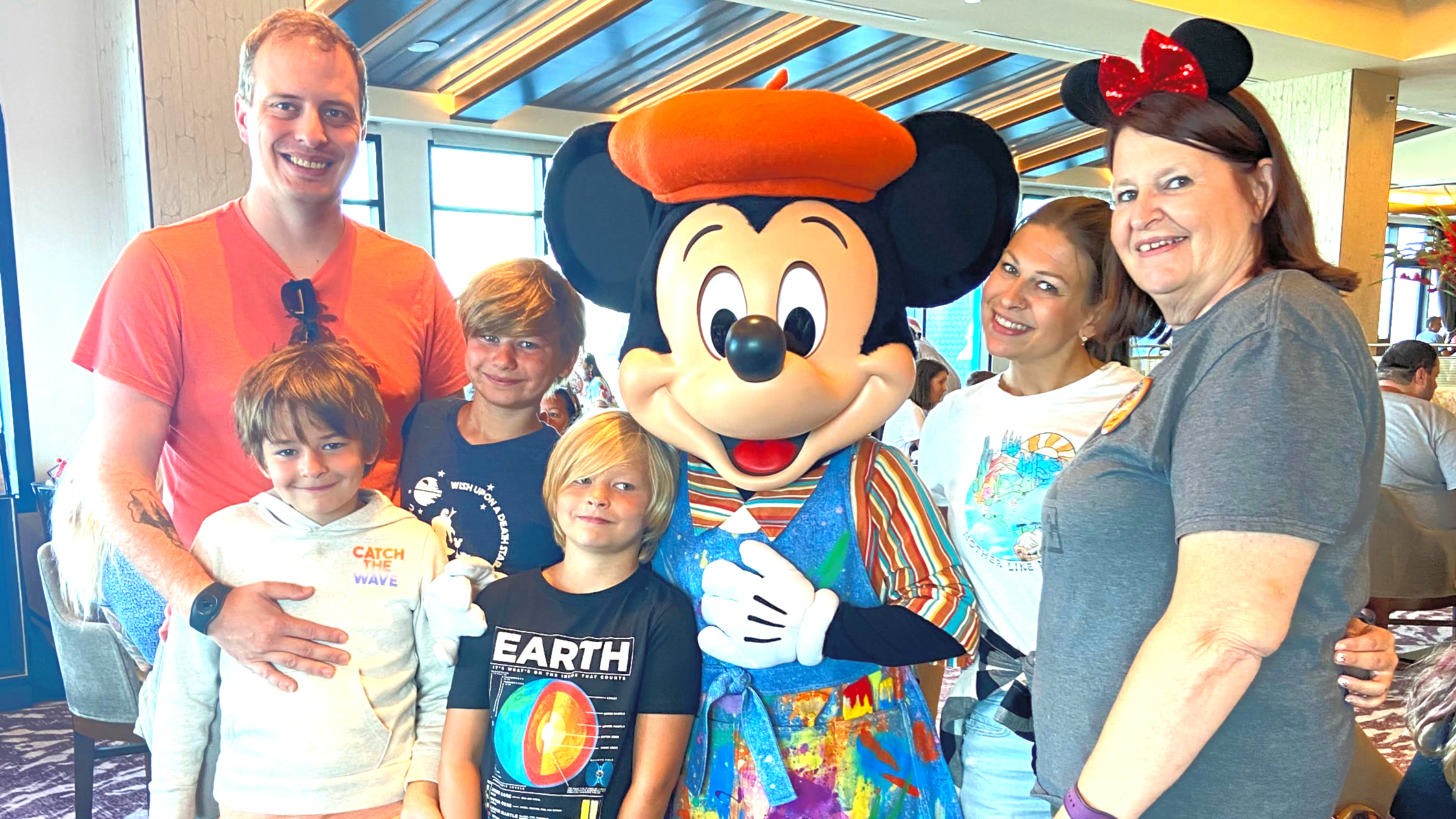 Character breakfast during a multi generations walt disney world trip planned by a vacation planner speciailzing in disney destinations. Breakfast is at Topolino's Terrace