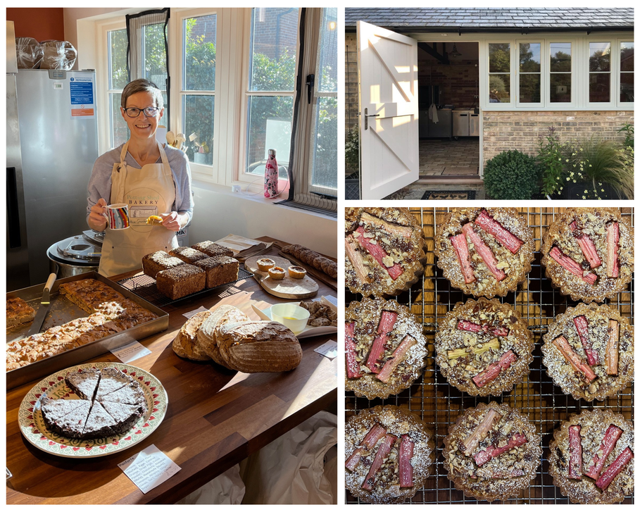 Collage showing a photo of Rachel in the bakery, a photo of the outside of the Potting Shed Bakery and an overhead photo of Rhubarb Frangipane Tarts on a cooling rack 