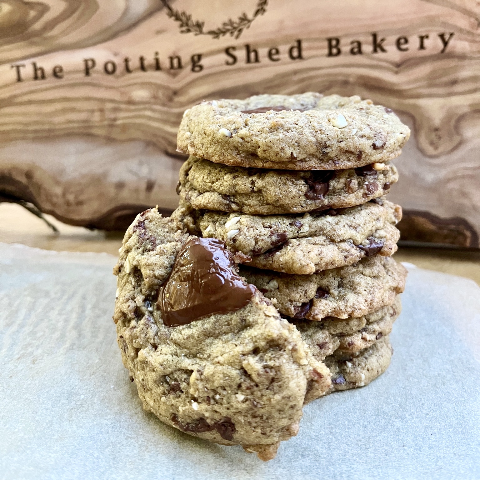 Stack of Vegan Almond Chocolate Sourdough Cookies with Pump Street Chocolate.