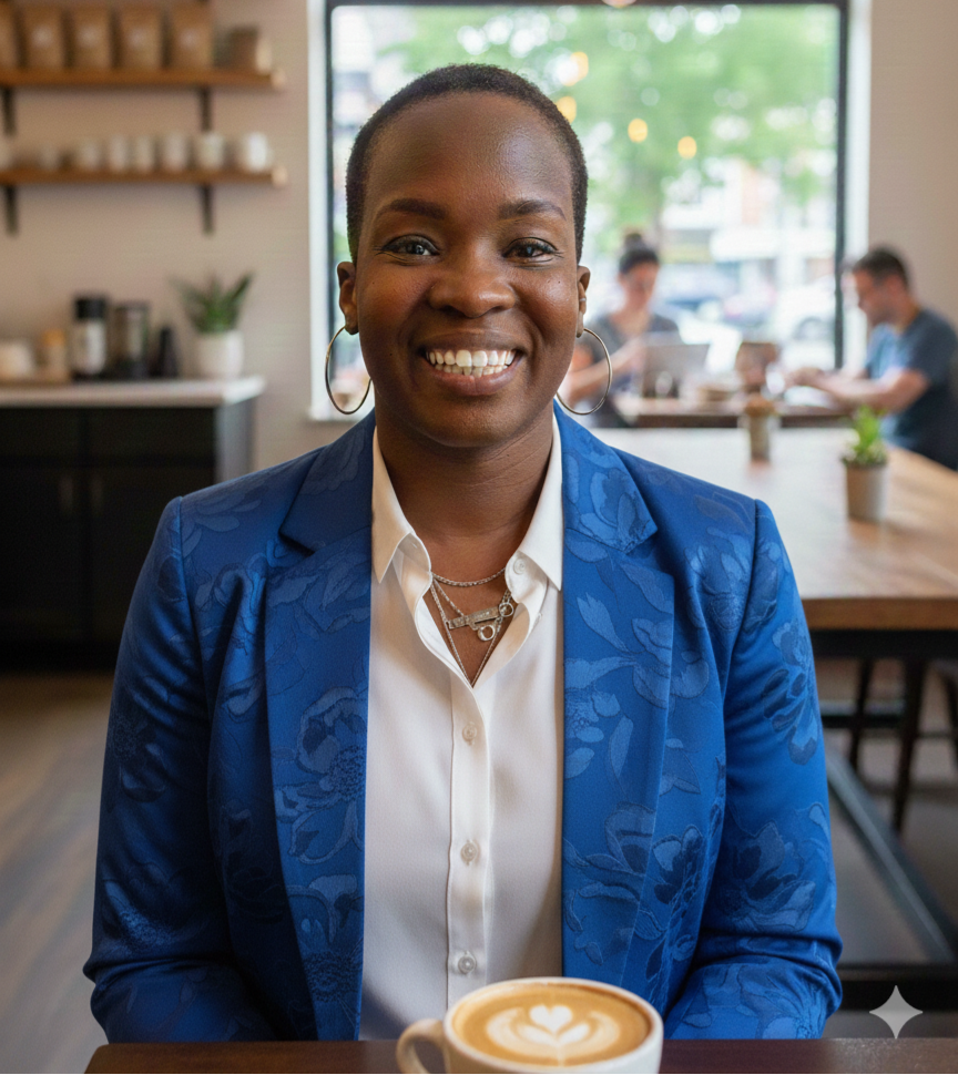 Rashidat, Black life coach and lifestyle strategist, smiling confidently in a café — empowering strong Black women, corporate baddies, and boss babes through mindset coaching and soft life transformation.