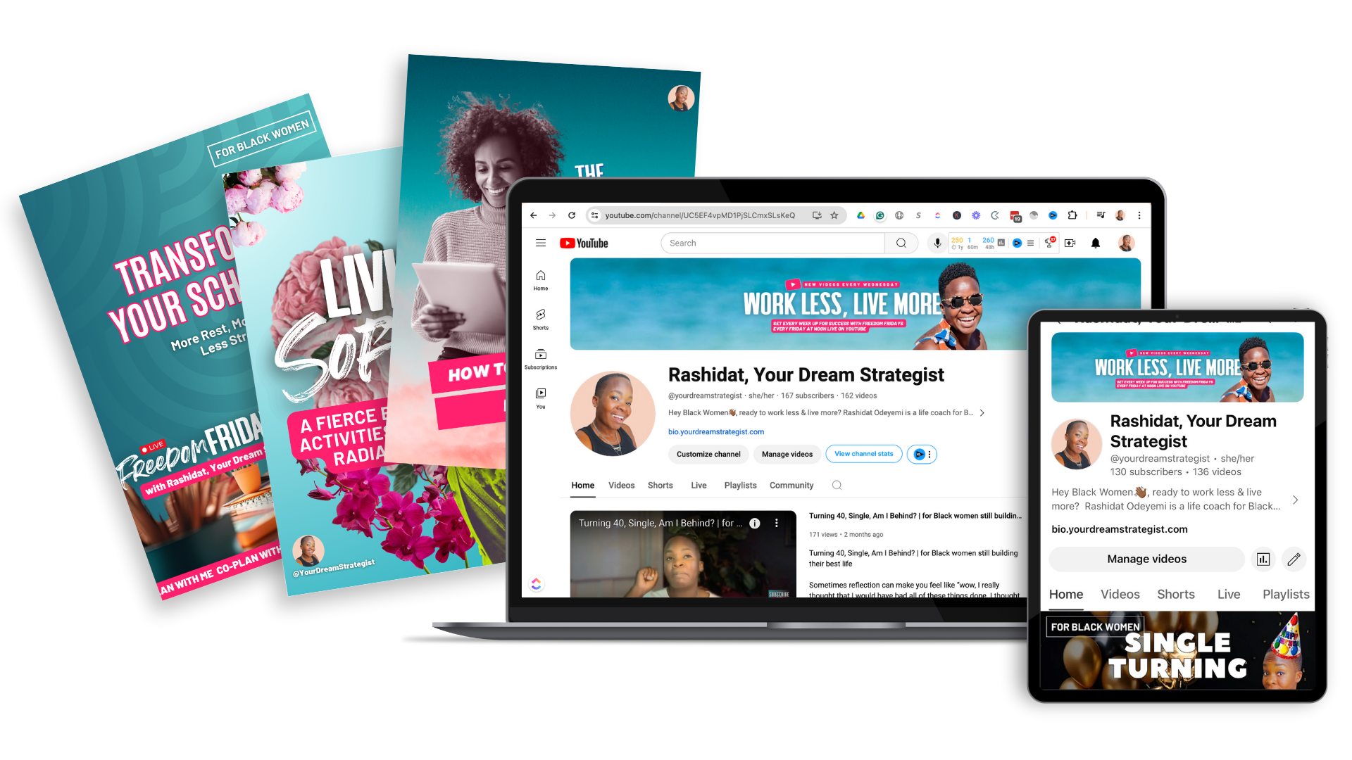 Collage of digital products and resources for Black women by Rashidat, Your Dream Strategist, including YouTube channel, downloadable planners, and free guides to live more and stress less.
