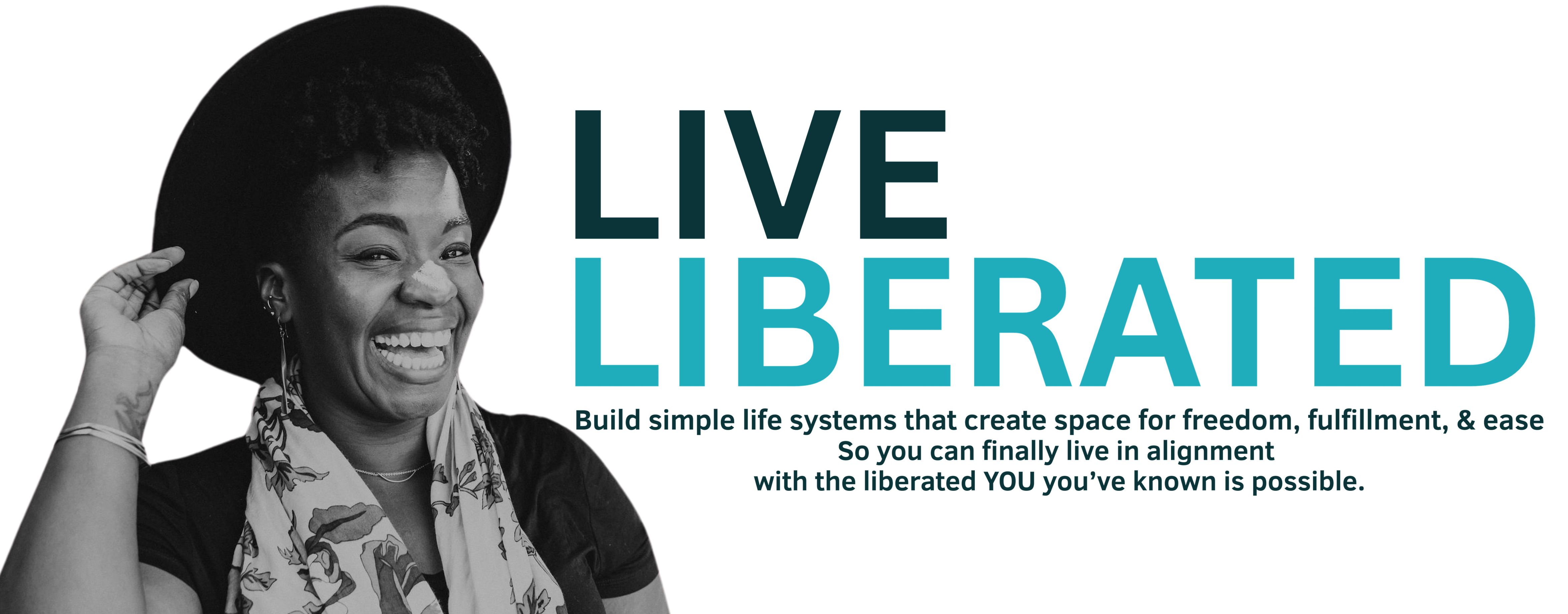 Black mindset and lifestyle coach Rashidat smiling confidently in a wide-brimmed hat beside the words “Live Liberated” — promoting soft girl era transformation, life coaching, and emotional freedom for ambitious Black women, boss babes, and corporate baddies.