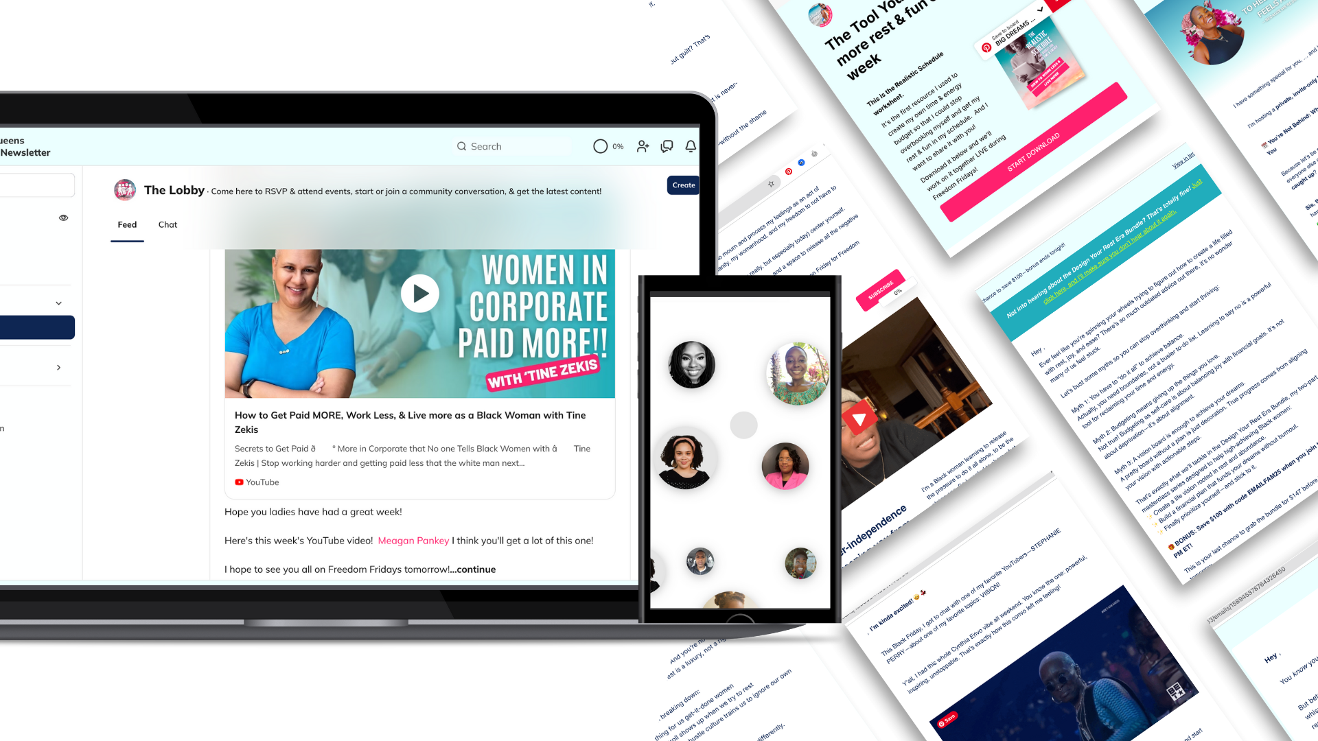 Preview of the paid newsletter on laptop and mobile, showing exclusive video content, community member profiles, and vibrant email highlights for Black women.
