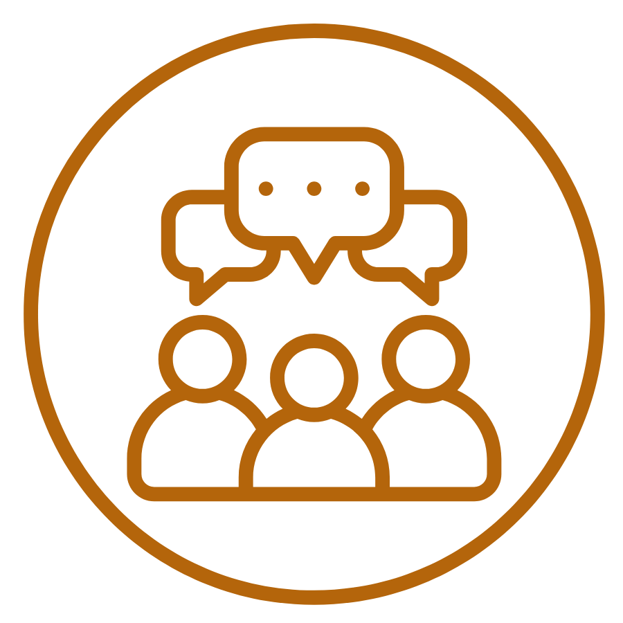 Icon of group conversation within a circle — representing the Ìsimi Retreat, a restorative wellness experience designed for high-achieving Black women to unplug, rest deeply, and reconnect in community through soft life practices and nervous system support.