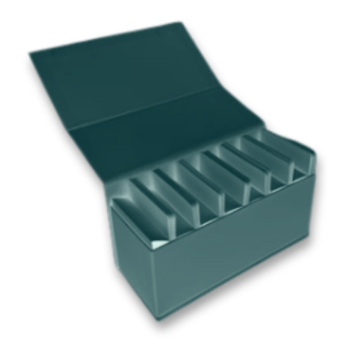 Sit Down Somewhere magnetic closure box open, showing 7 card divider sections inside.
