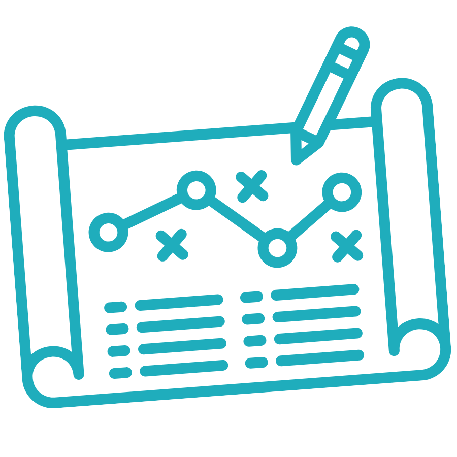 Teal icon of a custom game plan with a pencil and strategy chart, symbolizing tailored next-step guidance from The Clarity Code soft life skills assessment — created for ambitious Black women, corporate baddies, and boss babes pursuing mindset clarity and lifestyle coaching.