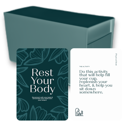 Sit Down Somewhere box closed, with the Rest Your Body card front and activity card back displayed in front of it.