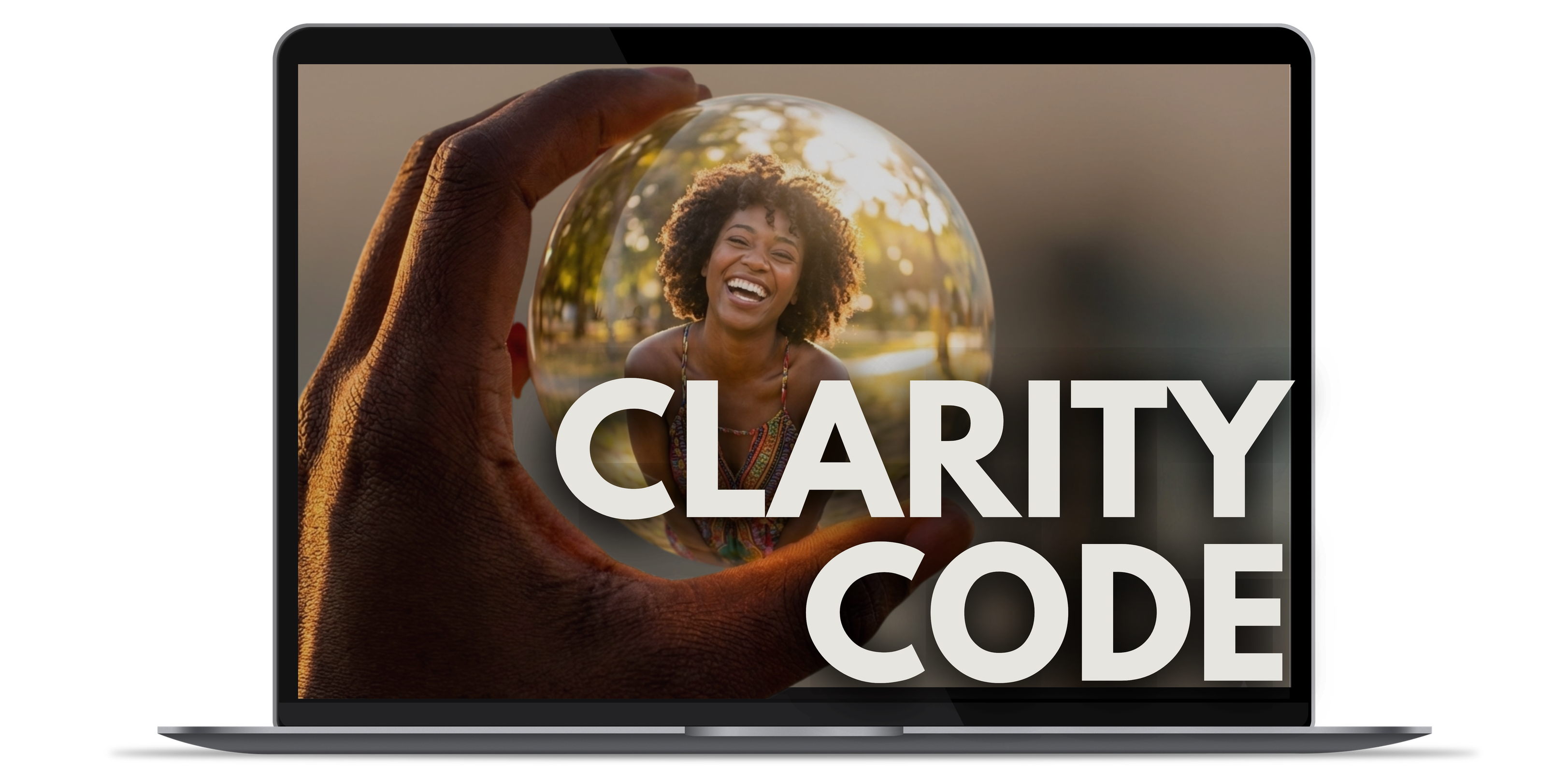 Laptop mockup featuring a joyful Black woman smiling through a crystal ball, symbolizing clarity and self-awareness — visual branding for the Clarity Code soft life skills assessment for ambitious Black women.