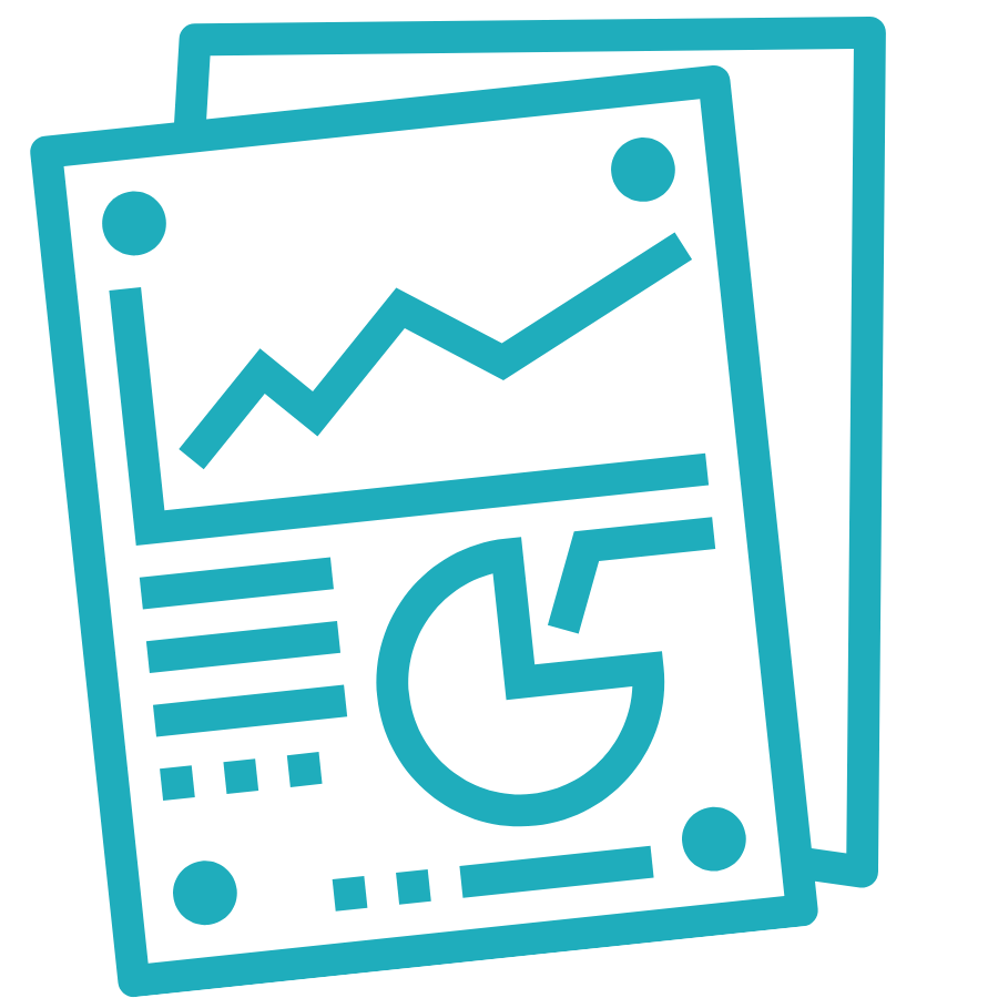 Teal icon of a personalized data report showing charts and graphs, representing the Green / Yellow / Red score breakdown from The Clarity Code soft life assessment — a lifestyle coaching tool for ambitious Black women, mindset coaching clients, and boss babes embracing their soft girl era.