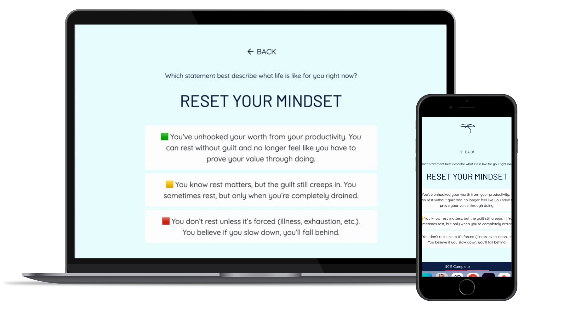 Screenshot of the Soft Life Assessment on laptop and mobile, showing mindset-based rest readiness options to help users reflect on their relationship with rest and productivity.