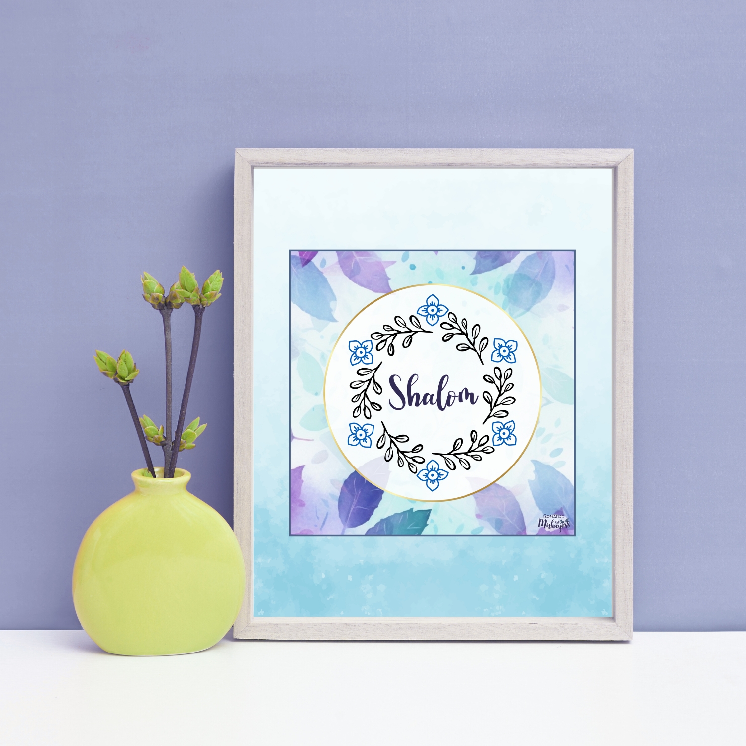 Printable with flowers and leaves in the shape of a Jewish star with the word Shalom in script font at the center