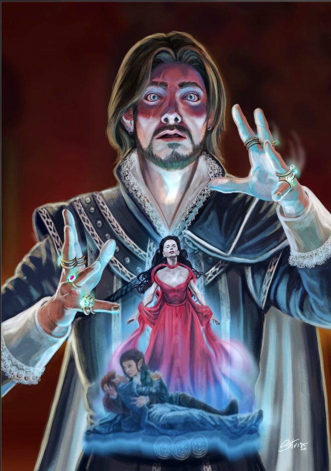 Simone narrating the tale of a vampire's revenge using illusion rings, fantasy storytelling illustration