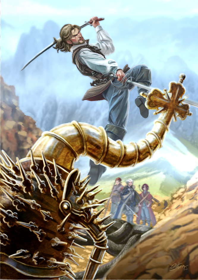 Dual-wield swordsman Simone donning grotesque armor mid-leap, character action illustration