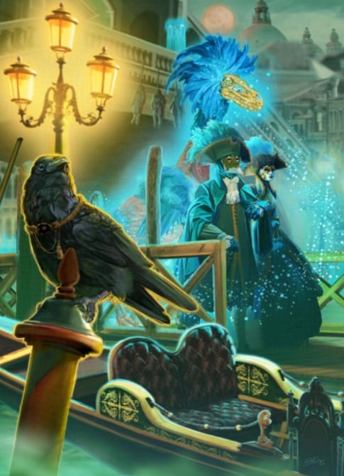Illustration representing a masked couple, followed by a ghostly dragon, in a night-time city reminiscent of Venice