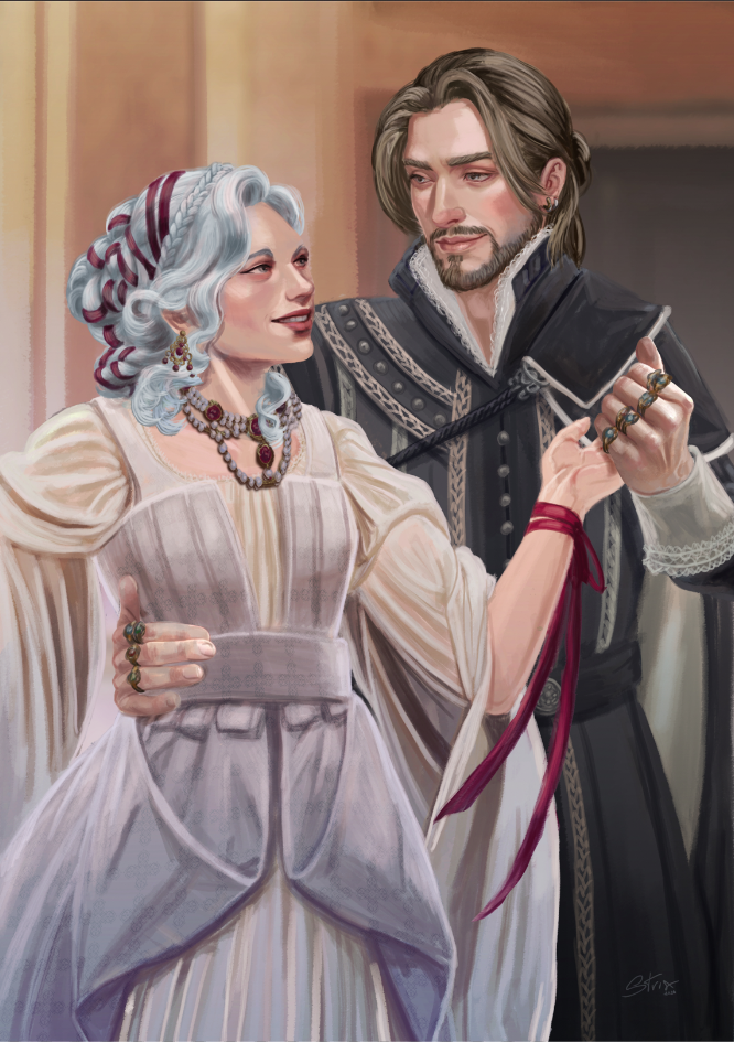 Swordsman Simone and paladin Johanne dancing in formal dress, fantasy character illustration