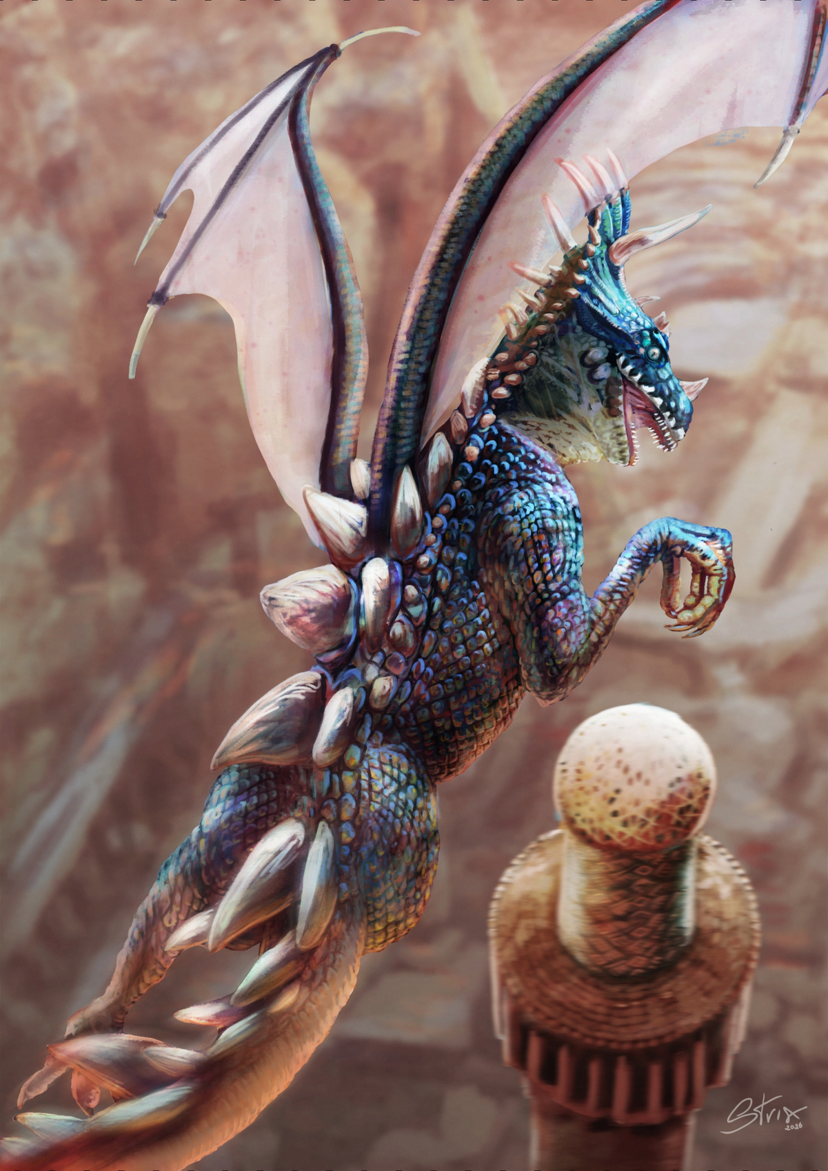 Black dragon with iridescent scales soaring in a spiral above desert ruins, fantasy creature illustration