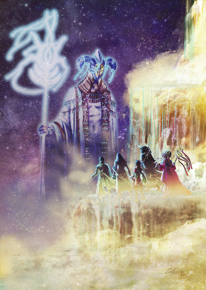 Adventurers facing a celestial figure at the foot of a sacred waterfall on a moonlit night, fantasy scene illustration
