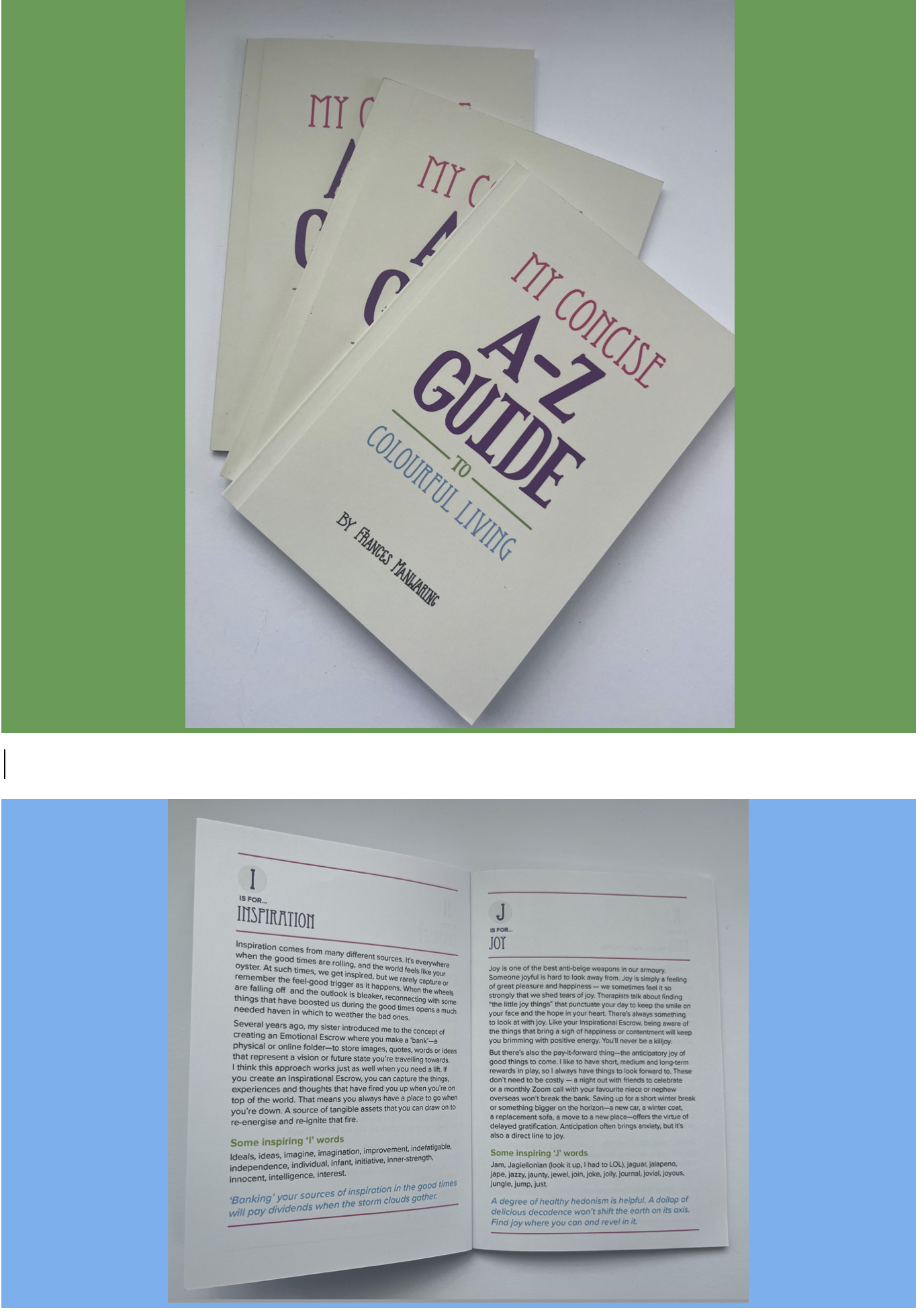 May Concise A-Z Guide to Colourful Living by Frances Manwaring. Book Cover and Inside Spread