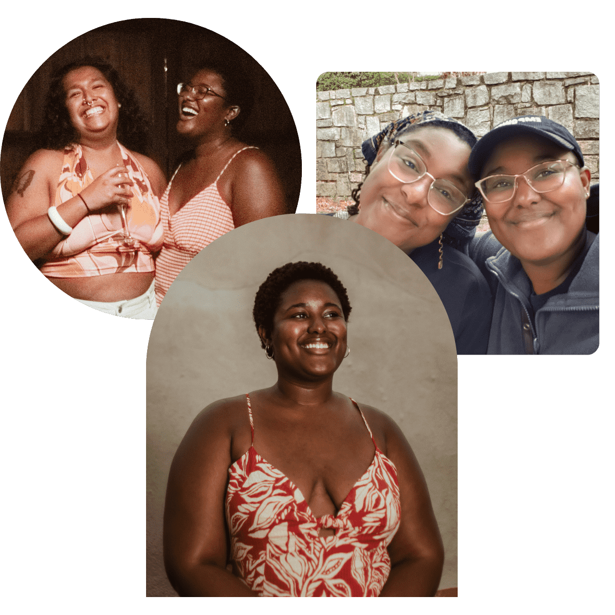 Collage of three photos: two people laughing, two people smiling with heads touching, and one person wearing a red patterned dress looking forward. This visual captures the essence of loving practice inspired by black feminist philosophies on love.