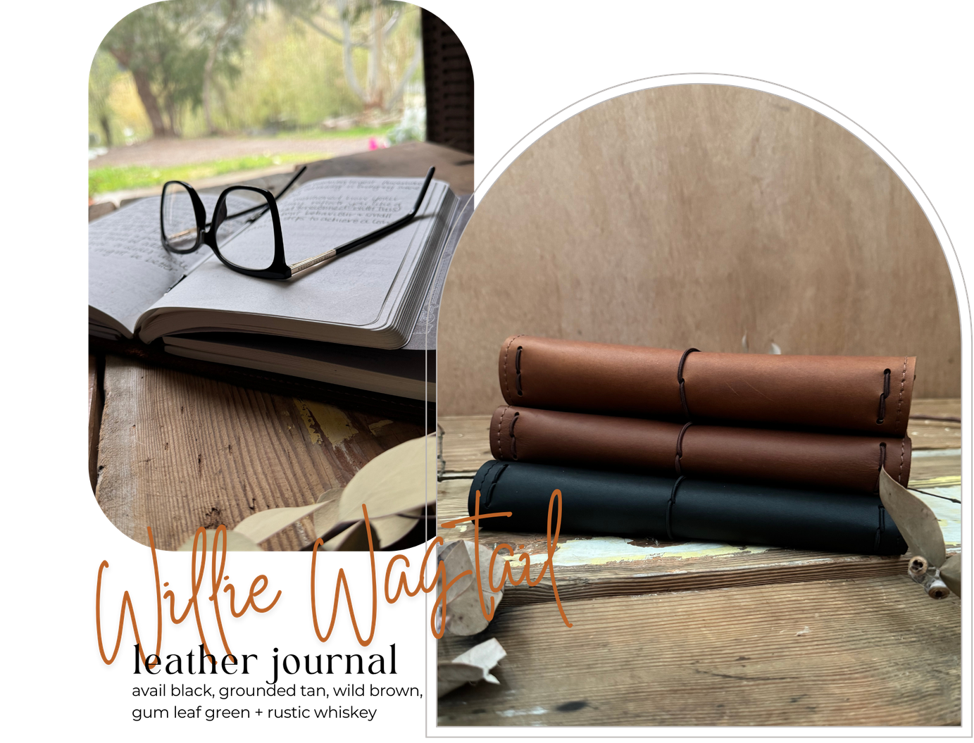 Willie Wagtail leather journal with spine elastics holding multiple notebooks