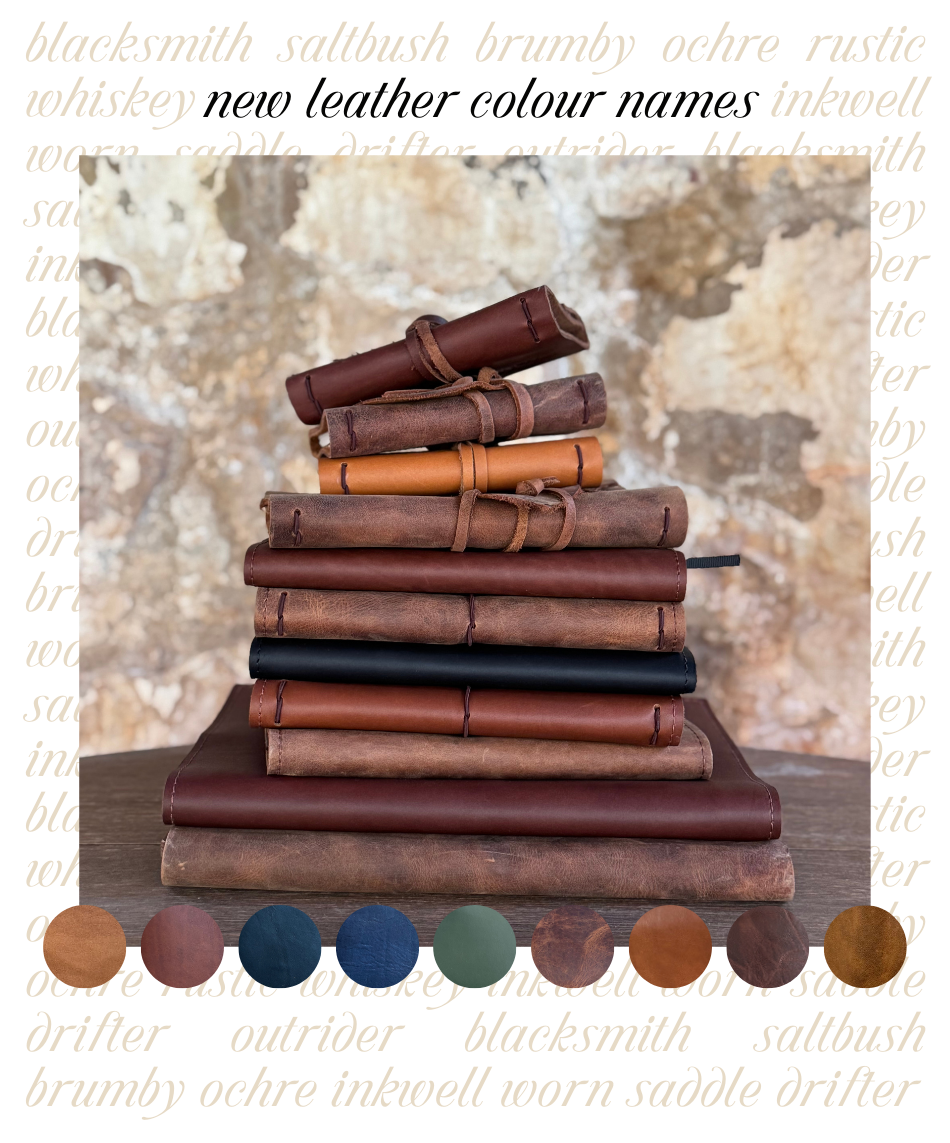 Rustic Wren full-grain leather colours including Blacksmith, Rustic Whiskey and Salt Bush