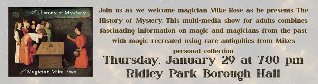 A banner advertising an upcoming event. On the right is a medieval painting of people watching a magic trick with the text 