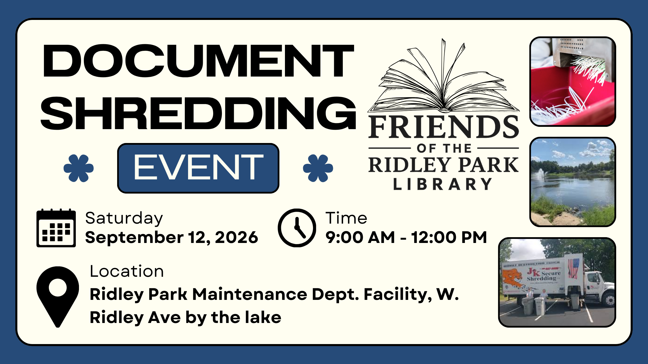 Graphic advertising an upcoming shredding event. The details are in the text below this photo.