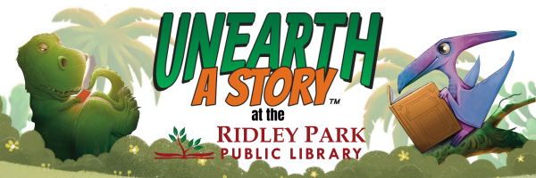 A banner with images of dinosaurs reading in the jungle. The text reads 