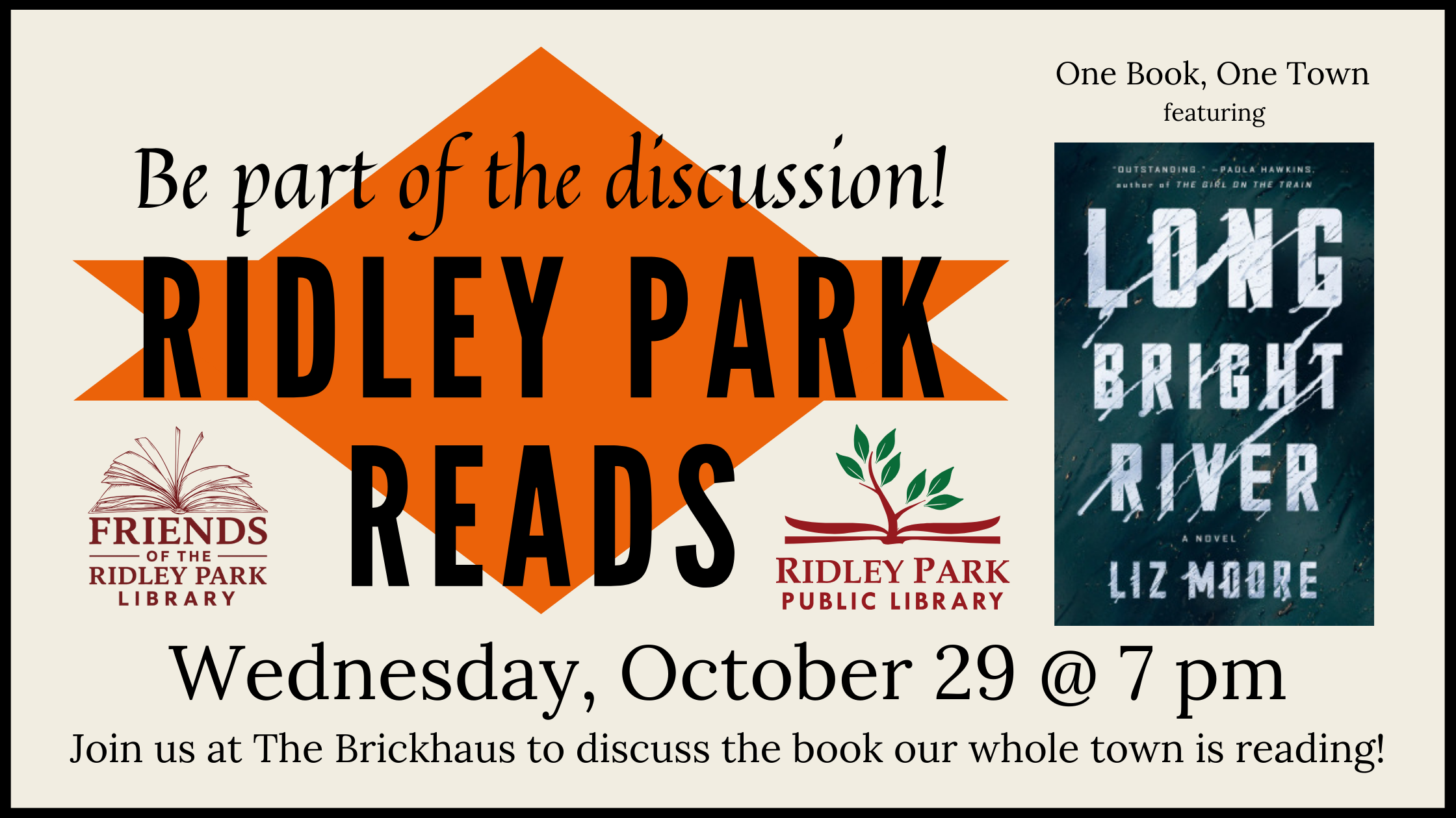 A banner advertising Ridley Park Reads. Main graphic features text stating 