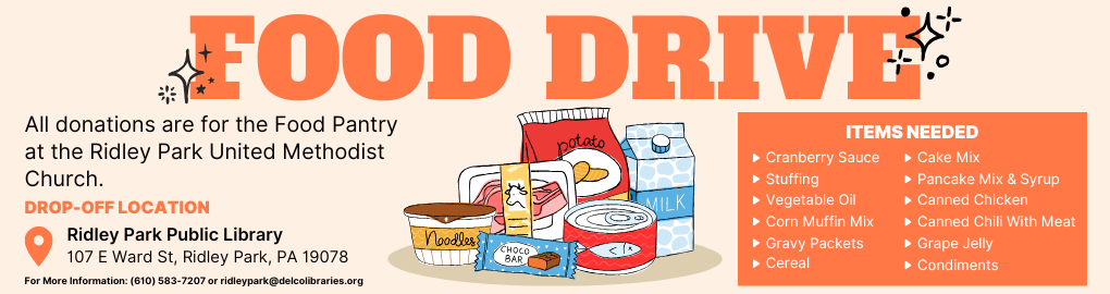 A banner advertising a food drive. The orange text at the top reads 