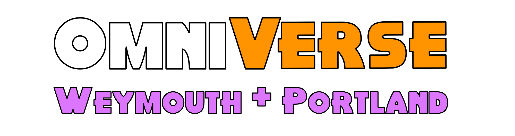 "OmniVerse Weymouth and Portland" in White and orange text on a multicoloured background