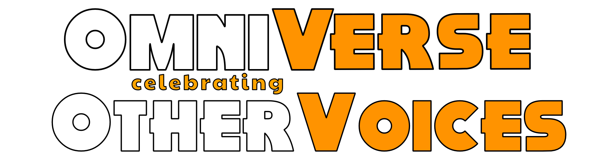 "OmniVerse celebrating Other Voices" in White and orange text on a multicoloured background