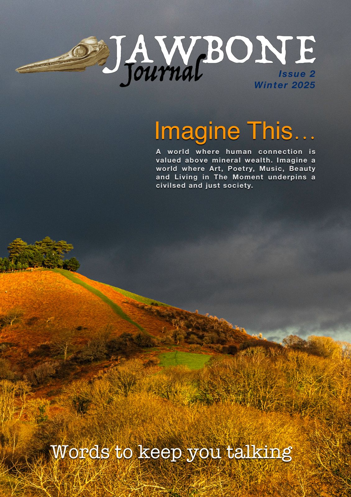 A front cover mock up of the Dorset countryside, requesting submissions for the Jawbone Journal