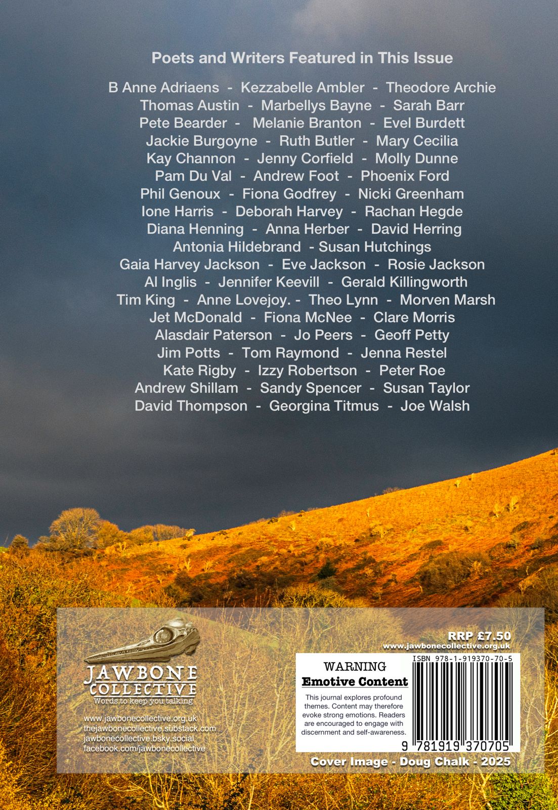 A front cover mock up of the Dorset countryside, requesting submissions for the Jawbone Journal