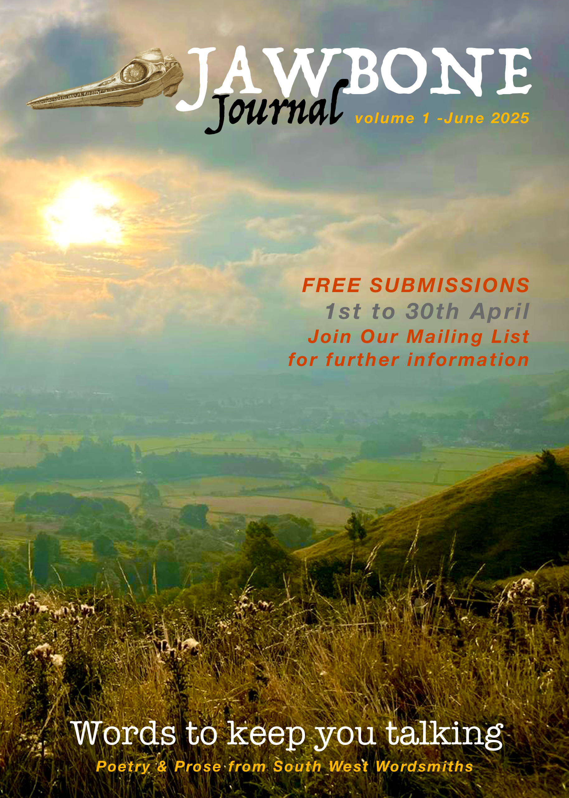 A front cover mock up of the Dorset countryside, requesting submissions for the Jawbone Journal