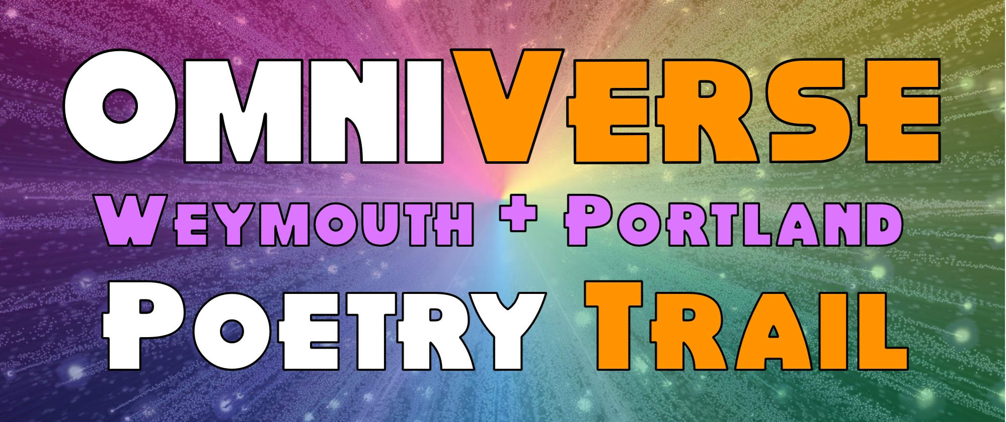 "OmniVerse Weymouth and Portland" in White and orange text on a multicoloured background