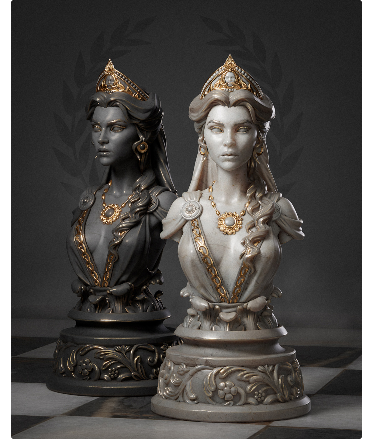 two queen chess pieces in marble on a chess board
