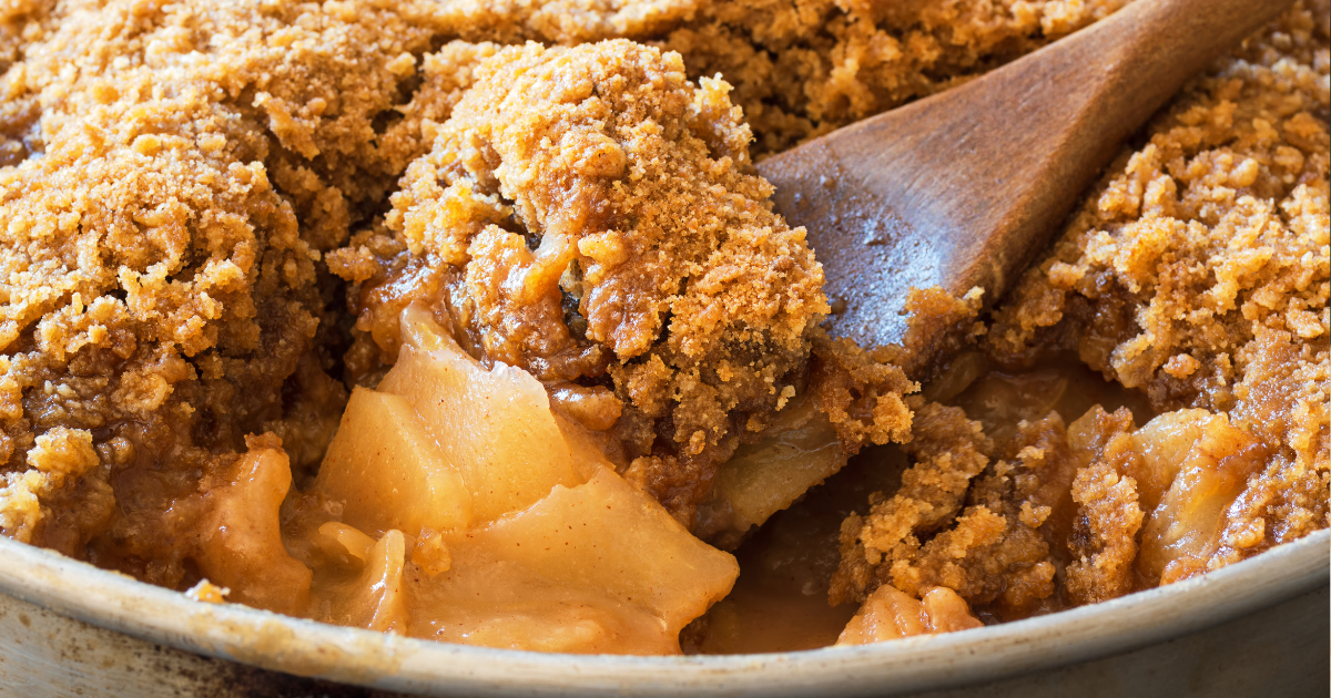 A dish of homemade apple crisp made on a rainy baking day.
