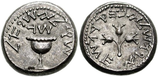 After the Jewish revolt, the Jews minted shekels suitable for the Temple and restored the Law of God in Jerusalem. On the reverse side of the shekel is inscribed, “Jerusalem the Holy”.