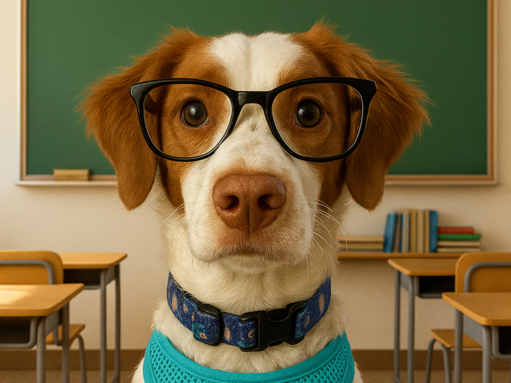 A dog wearing black-rimmed glasses and a blue harness sits attentively in a classroom setting. Behind the dog is a green chalkboard, desks, chairs, and a stack of books, creating a whimsical scene that makes the dog appear like a curious student or teacher.