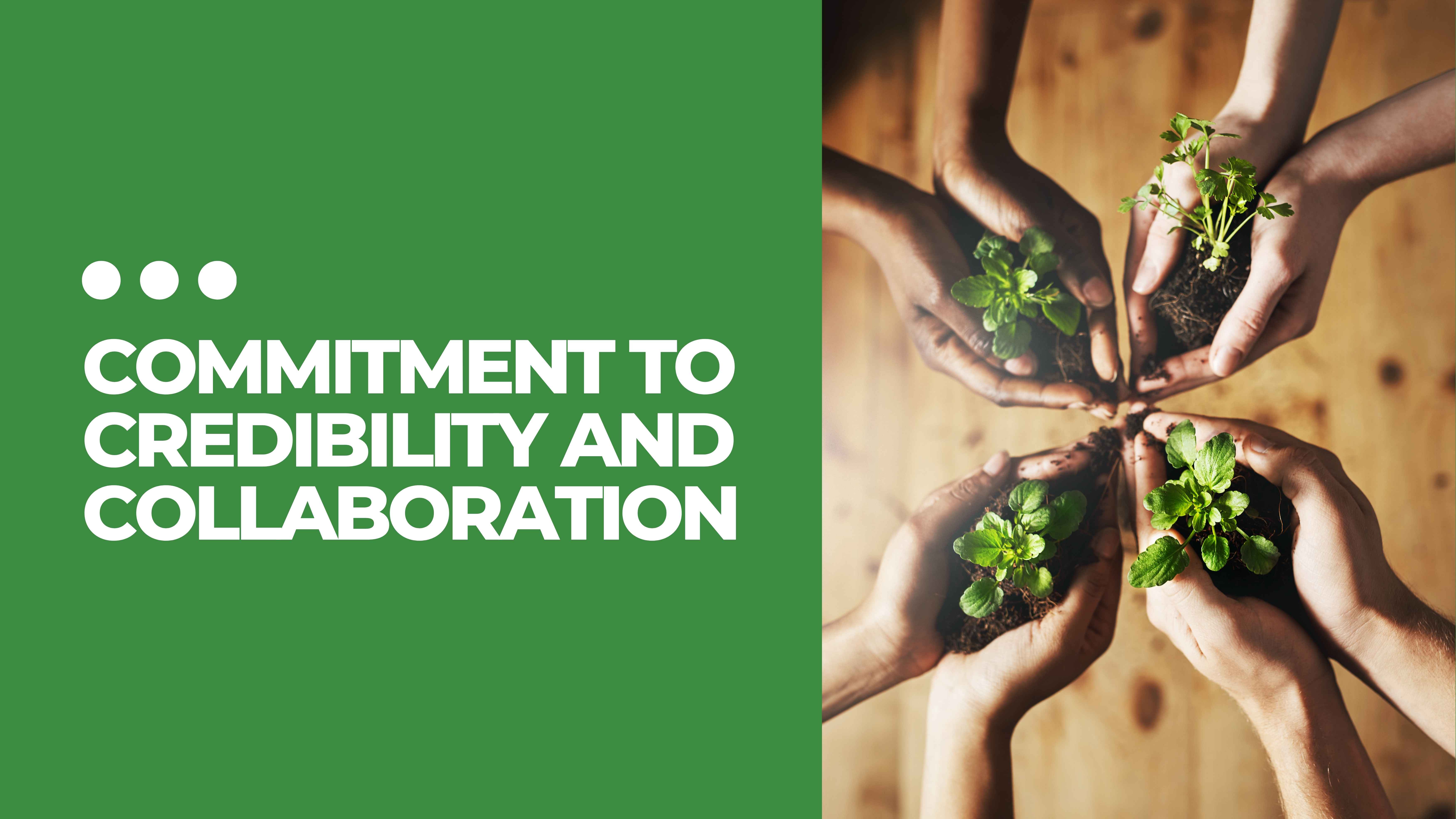 Graphic with green background on the left side featuring the text ‘COMMITMENT TO CREDIBILITY AND COLLABORATION’ in bold white letters. On the right, a top-down photo shows multiple hands of diverse skin tones holding small plants in soil, symbolizing teamwork, growth, and unity.