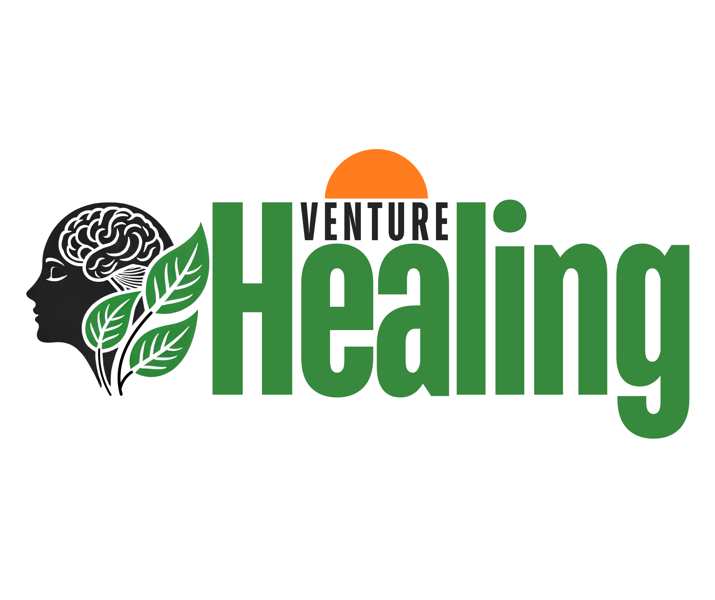 Logo for Venture Healing featuring a profile silhouette of a person’s head with a detailed brain illustration, surrounded by green leaves symbolizing growth and nature. The word ‘Healing’ appears in bold green letters with an orange semicircle above, representing the sun, and the word ‘Venture’ in smaller black letters on top.