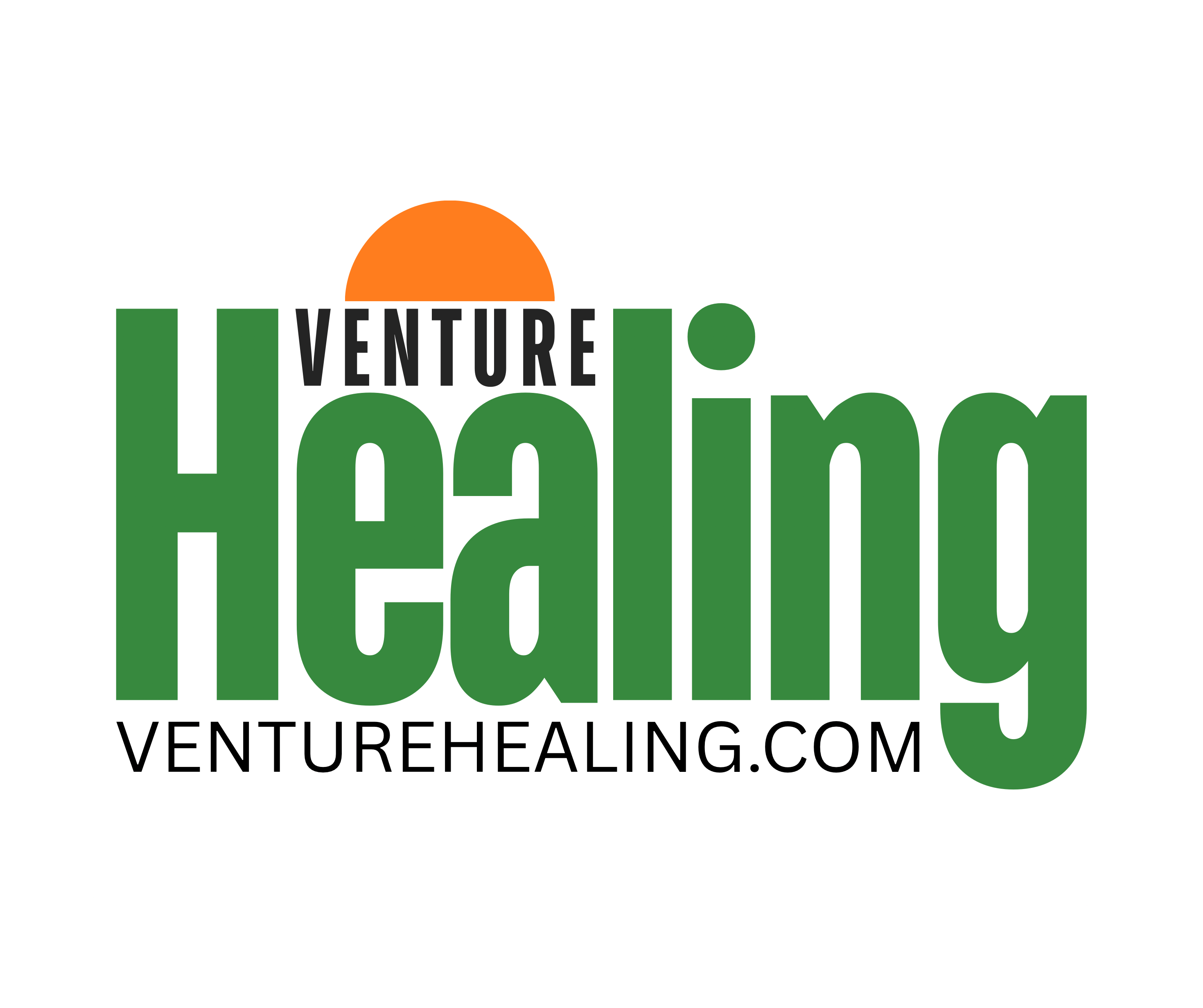 Logo for Venture Healing. The word “VENTURE” appears in black uppercase letters above “Healing,” which is written in large green letters. An orange semi-circle resembling a sun is partially visible behind the “H” and “e” in “Healing.” Below the logo is the website “VENTUREHEALING.COM” in black uppercase letters.