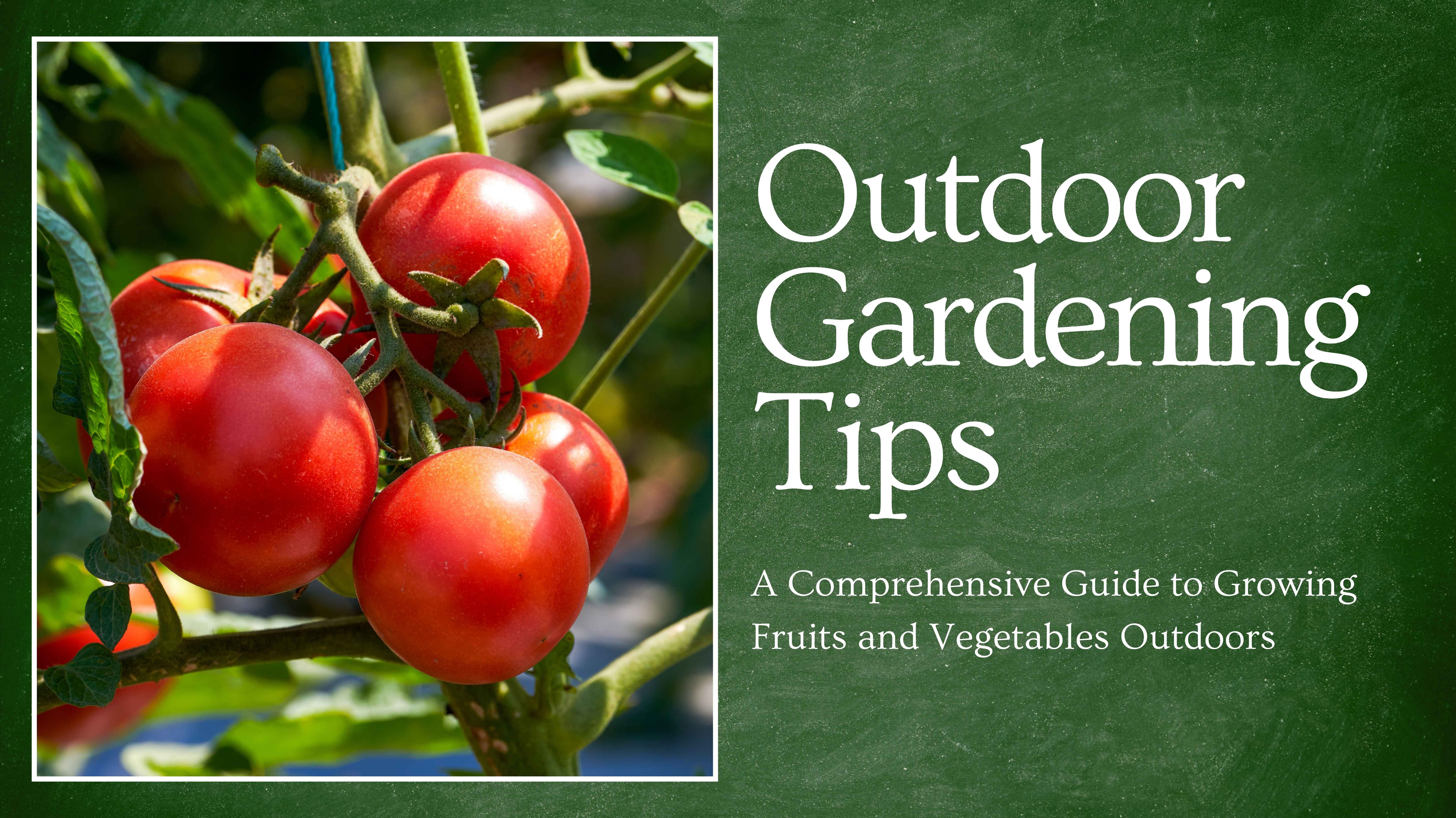 Image of vibrant red tomatoes growing on a vine, set against a green chalkboard background with white text that reads ‘Outdoor Gardening Tips: A Comprehensive Guide to Growing Fruits and Vegetables Outdoors.’