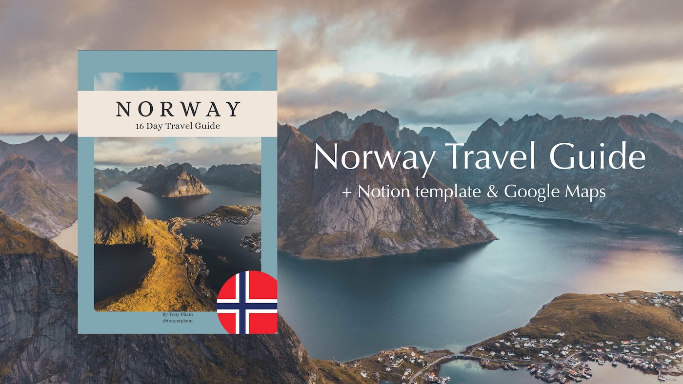 16 day Norway road trip digital travel guide with pinned google maps and notion template