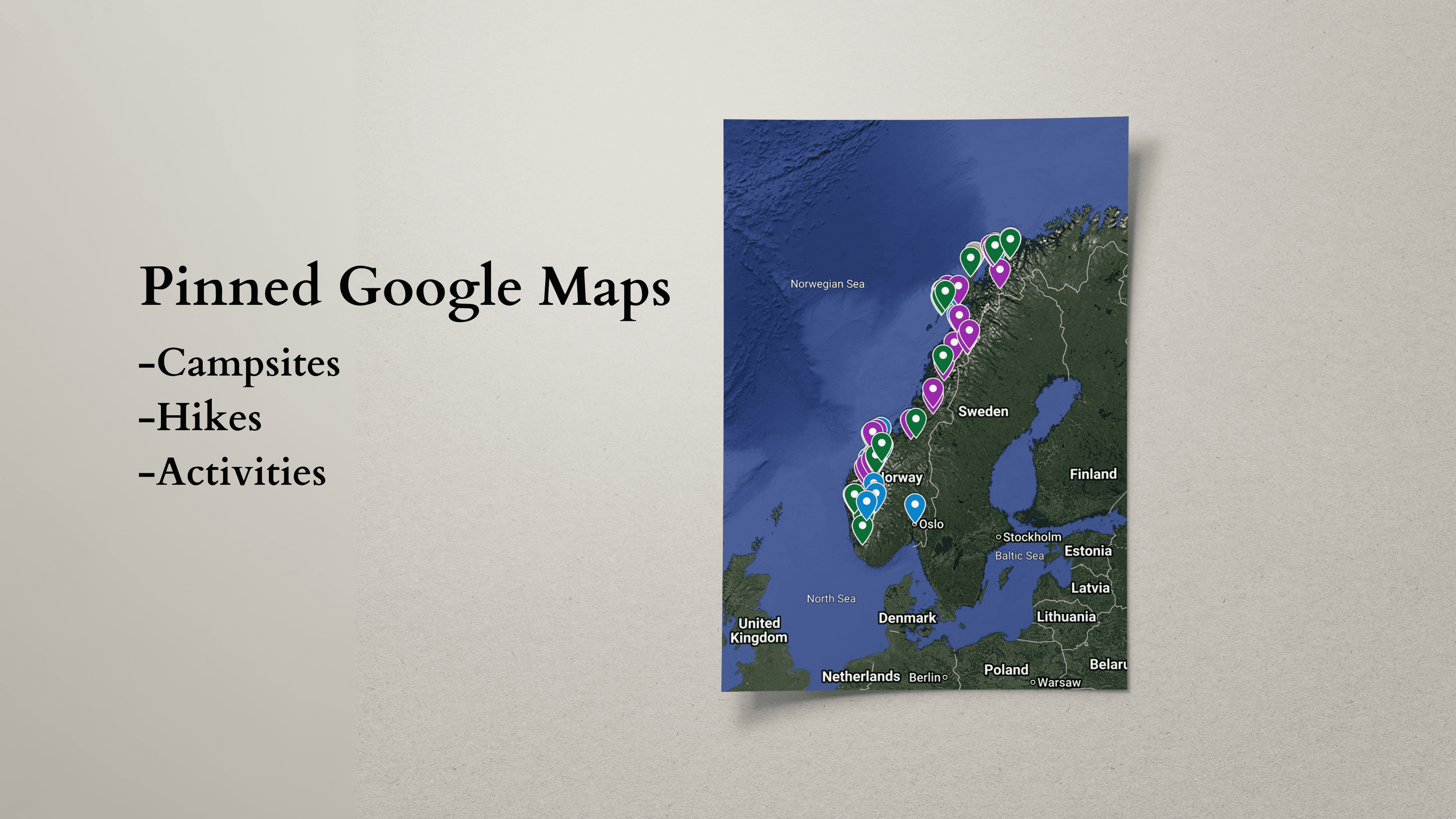 16 day Norway road trip digital travel guide with pinned google maps and notion template
