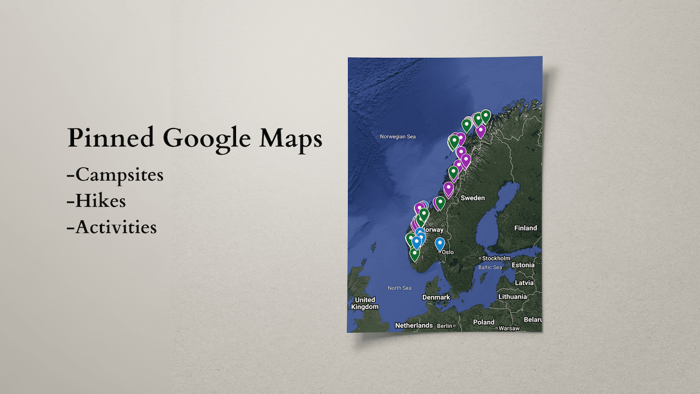 16 day Norway road trip digital travel guide with pinned google maps and notion template