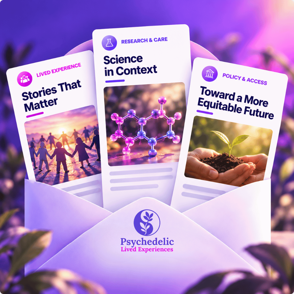 Illustration of three newsletter cards emerging from an envelope with the Psychedelic Lived Experiences logo, highlighting lived experience stories, psychedelic research and care, and policy and access through images of community, molecular science, and a growing seedling.